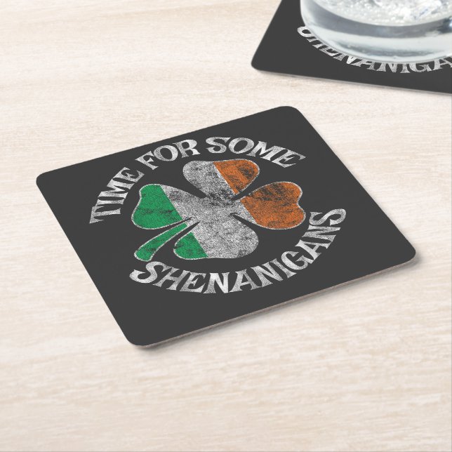 St. Patrick's Time for Some Shenanigans Clover Square Paper Coaster (Angled)
