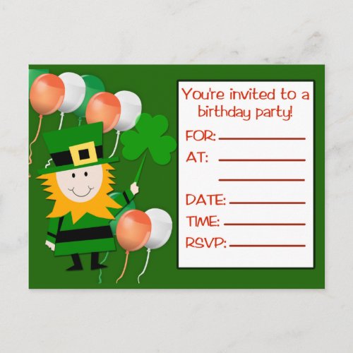 St Pats Day Birthday Party Invitation Postcards