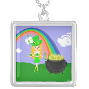 St Pat's Day Blonde Girl Leprechaun with Rainbow Silver Plated Necklace