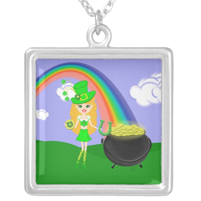 St Pat's Day Blonde Girl Leprechaun with Rainbow Silver Plated Necklace (Front)