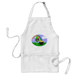 St Pat's Day Brunette Girl Leprechaun with Rainbow Adult Apron