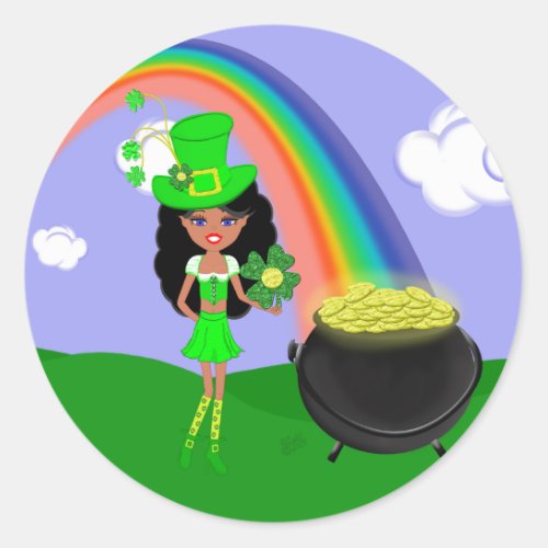 St Pats Day Brunette Girl Leprechaun with Rainbow Classic Round Sticker