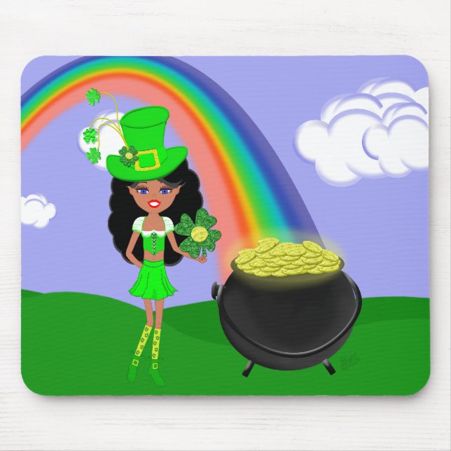 St Pat's Day Brunette Girl Leprechaun with Rainbow Mouse Pad (Front)