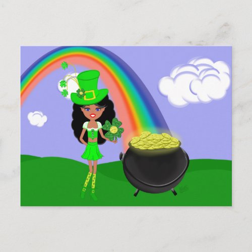 St Pats Day Brunette Girl Leprechaun with Rainbow Postcard