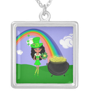 St Pat's Day Brunette Girl Leprechaun with Rainbow Silver Plated Necklace