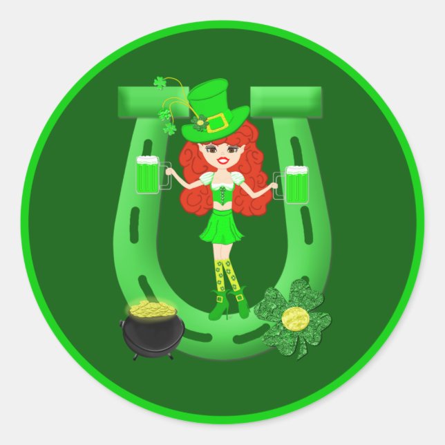 St Pat's Day Redhead Girl Leprechaun Classic Round Sticker (Front)