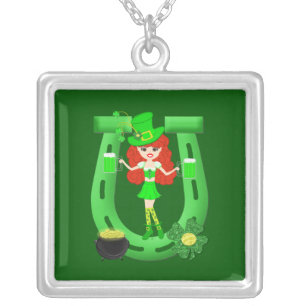 St Pat's Day Redhead Girl Leprechaun Silver Plated Necklace