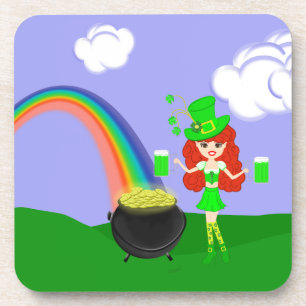 St Pat's Day Redhead Girl Leprechaun with Rainbow Beverage Coaster