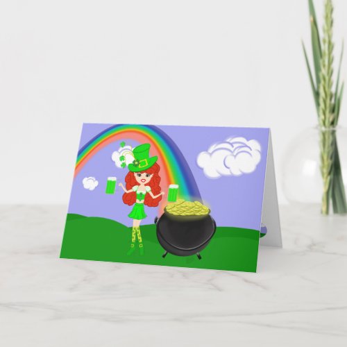 St Pats Day Redhead Girl Leprechaun with Rainbow Card