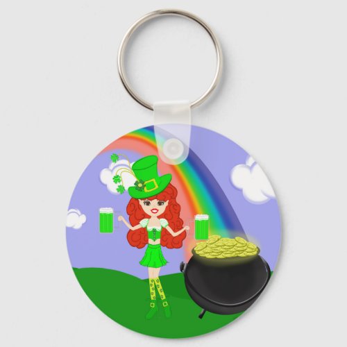 St Pats Day Redhead Girl Leprechaun with Rainbow Keychain