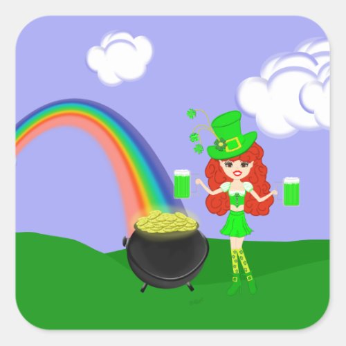 St Pats Day Redhead Girl Leprechaun with Rainbow Square Sticker