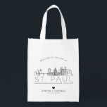 St. Paul, Minnesota  Wedding | Stylized Skyline Grocery Bag<br><div class="desc">A unique wedding bag for a wedding taking place in the beautiful city of St. Paul,  Minnesota.  This bag features a stylized illustration of the city's unique skyline with its name underneath.  This is followed by your wedding day information in a matching open lined style.</div>