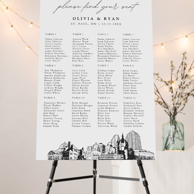 St Paul Wedding Seating Chart 12 Tables 24x36 Foam Board (In Situ (Stand))