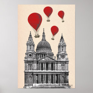 St Pauls Cathedral and Red Hot Air Balloons Poster