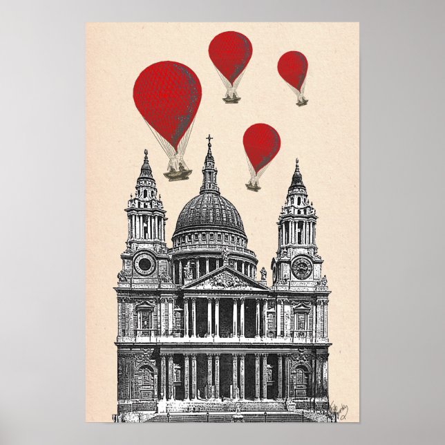 St Pauls Cathedral and Red Hot Air Balloons Poster (Front)