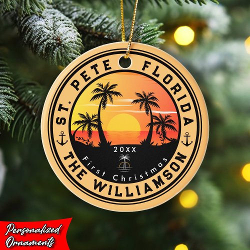 St Pete Beach Florida Retro Sunset Palm Tree 80s Ceramic Ornament