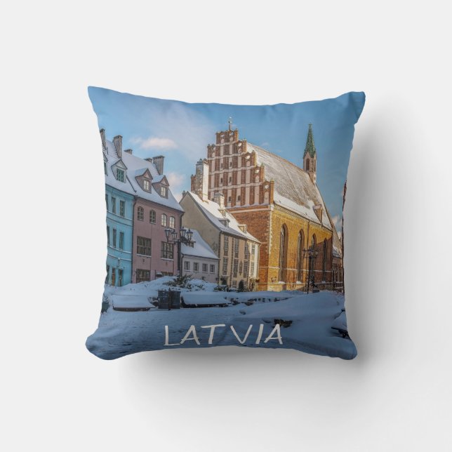 St. Peter's Church in winter in Riga, Latvia Throw Pillow (Front)