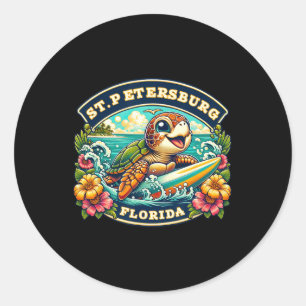 St. Petersberg Florida Cute Sea Turtle Surfing  Classic Round Sticker