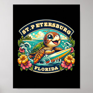 St. Petersberg Florida Cute Sea Turtle Surfing Poster