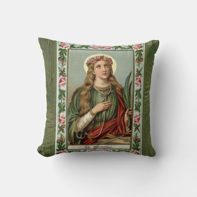 St. Philomena Pink Roses Green Palm Throw Pillow (Front)