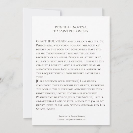 St. Philomena Powerful Novena Prayer Card (Back)