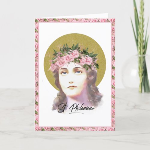 St Philomena Virgin Martyr Pink Roses Prayer Card