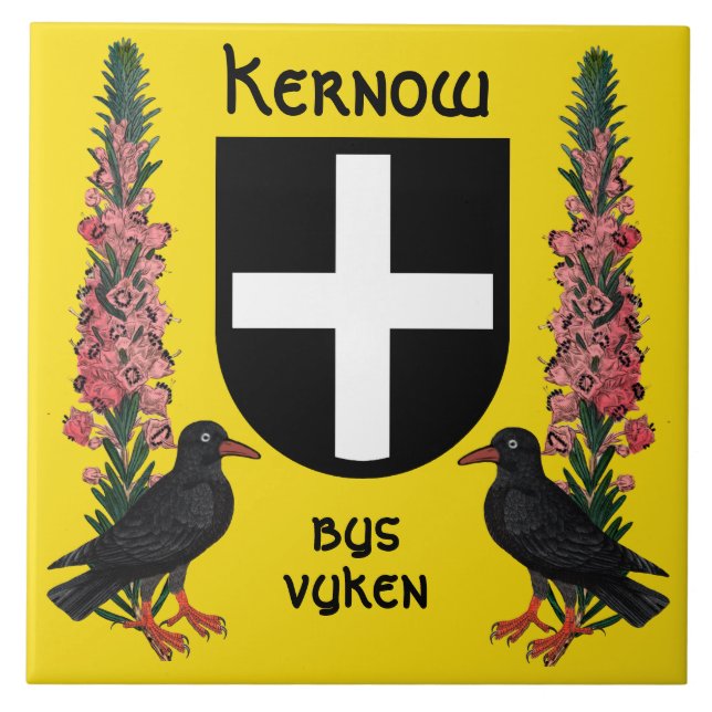 St. Piran's Shield with Cornish Heath and Choughs Ceramic Tile (Front)