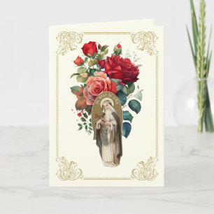 St. Rose of Lima Red Rose Bouquet Religious Letterpress Thank You Card