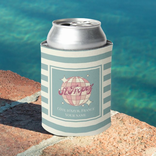 St Saint Tropez France Teal Striped Can Cooler (Creator Uploaded)
