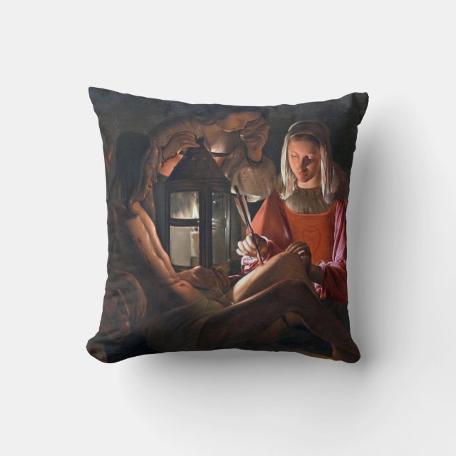 St. Sebastian Embraced by Irene, La Tour Throw Pillow (Front)