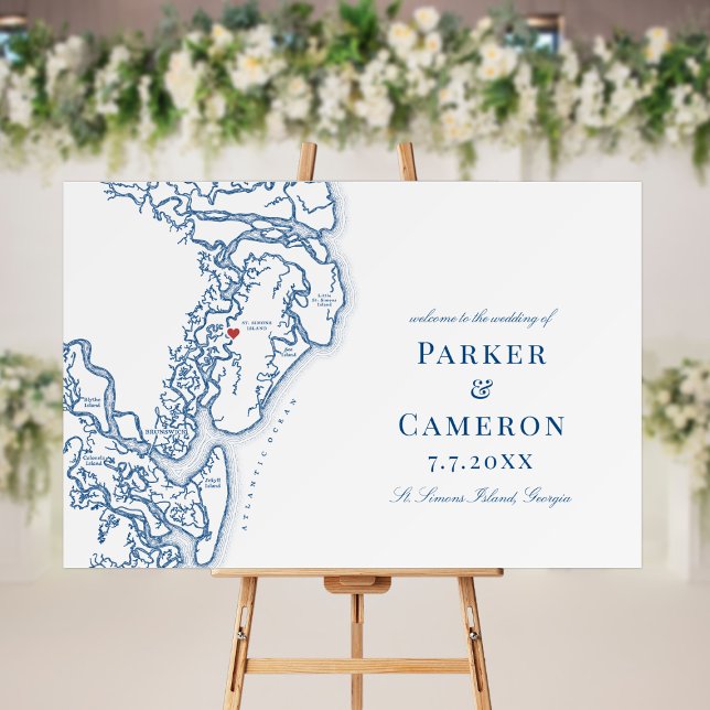 St Simons GA Map Elegant Navy Blue Wedding Sign (St Simons Island Map Wedding Welcome sign in elegant navy blue by Coastal Map Designs)