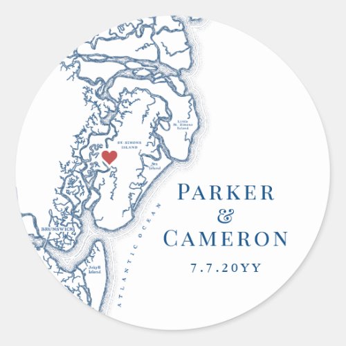 St Simons Island and Sea Island Map Wedding Favor Classic Round Sticker