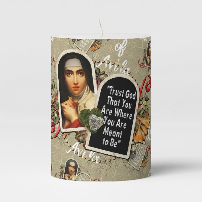 St Teresa de Avila Gerard Catholic Saint Therese  Pillar Candle (Front)