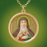 St. Teresa of Avila (SNV 27) Round Gold Plated Necklace<br><div class="desc">Image Source:  Antique image of St. Teresa of Avila from a late 19th century chromoxylographic devotional print published by St. Norbertus Verlag,  Vienna,  Austria,  in the designer’s collection of religious ephemera.       Feast:  October 15</div>