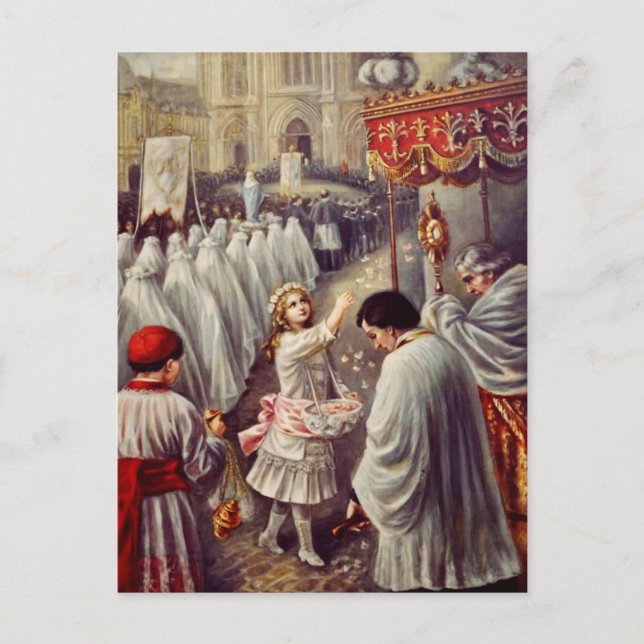 St. Teresa throws flowers to the Blessed Sacrament Postcard (Front)