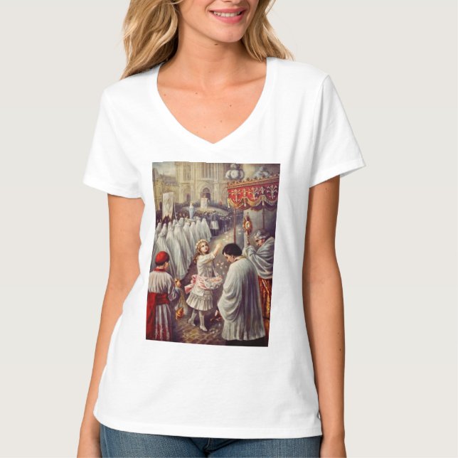 St. Teresa throws flowers to the Blessed Sacrament T-Shirt (Front)