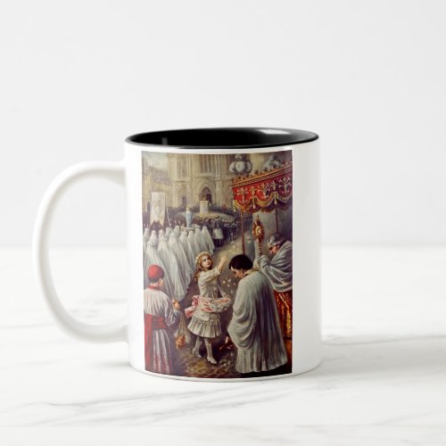 St Teresa throws flowers to the Blessed Sacrament Two_Tone Coffee Mug