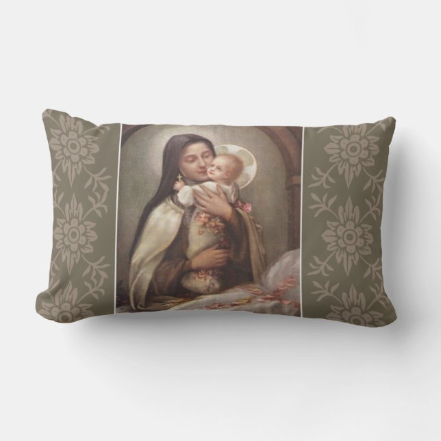 St. Therese Baby Jesus Manger Pink Roses Lumbar Pillow (Front)
