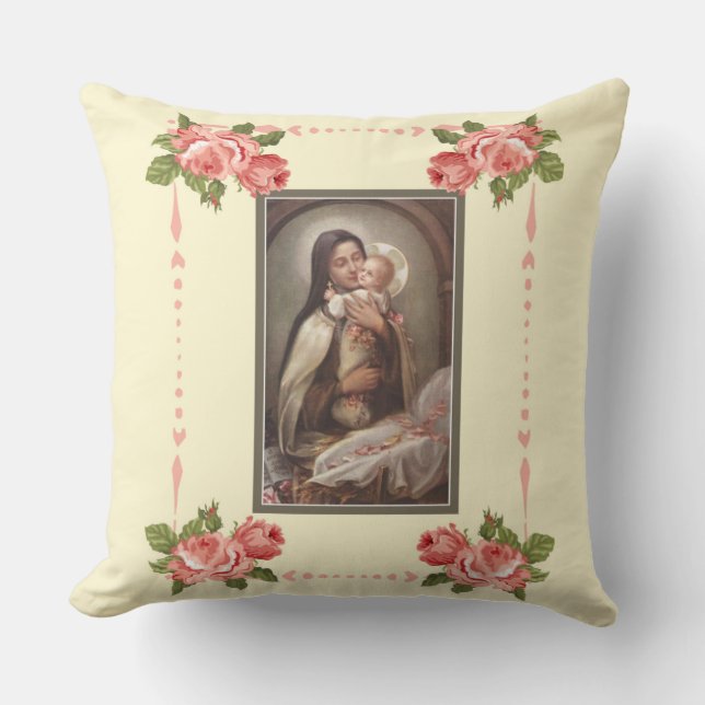 St. Therese Baby Jesus Manger Pink Roses Throw Pillow (Front)