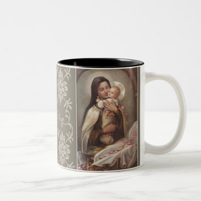 St. Therese Baby Jesus Manger Pink Roses Two-Tone Coffee Mug (Right)
