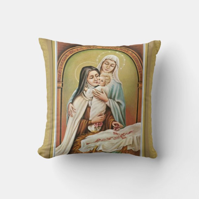 St. Therese Blessed Mother Mary Jesus Roses Throw Pillow (Front)