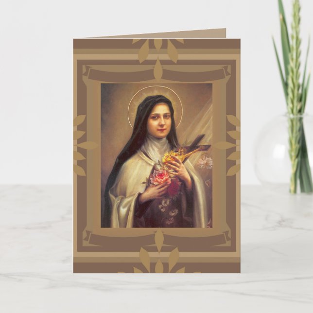 St. Therese Little Flower w/pink roses Birthday Card (Front)
