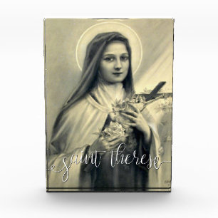 St. Therese Little Flower White Script Overlay Photo Block