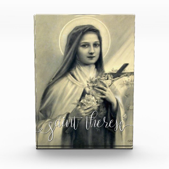 St. Therese Little Flower | White Script Overlay Photo Block (Front)
