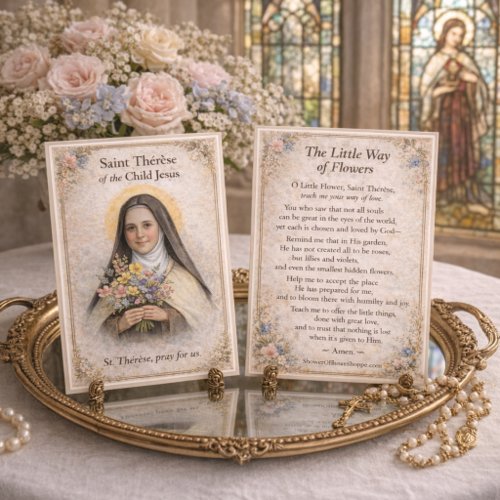 St Thérèse Little Way Flowers Prayer Holy Card