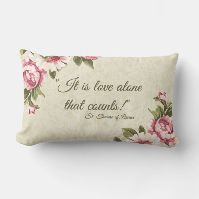 St. Therese of Lisieux Saying LOVE Pink Roses Lumbar Pillow (Front)