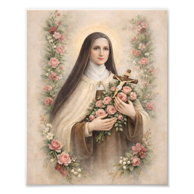 St. Thérèse of Lisieux with Roses Vintage Catholic Photo Print (Front)