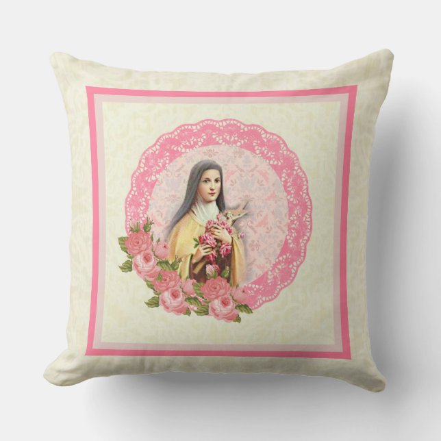 St. Therese Pink Roses Crucifix Throw Pillow (Front)