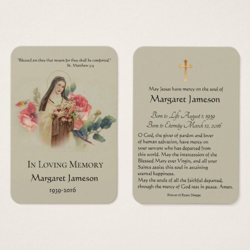 St Therese Pink Roses Funeral Memorial Holy Card