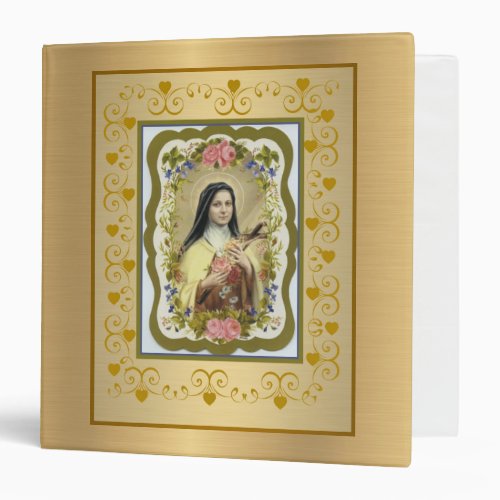 St Therese Pink Roses Religious Gold 3 Ring Binder